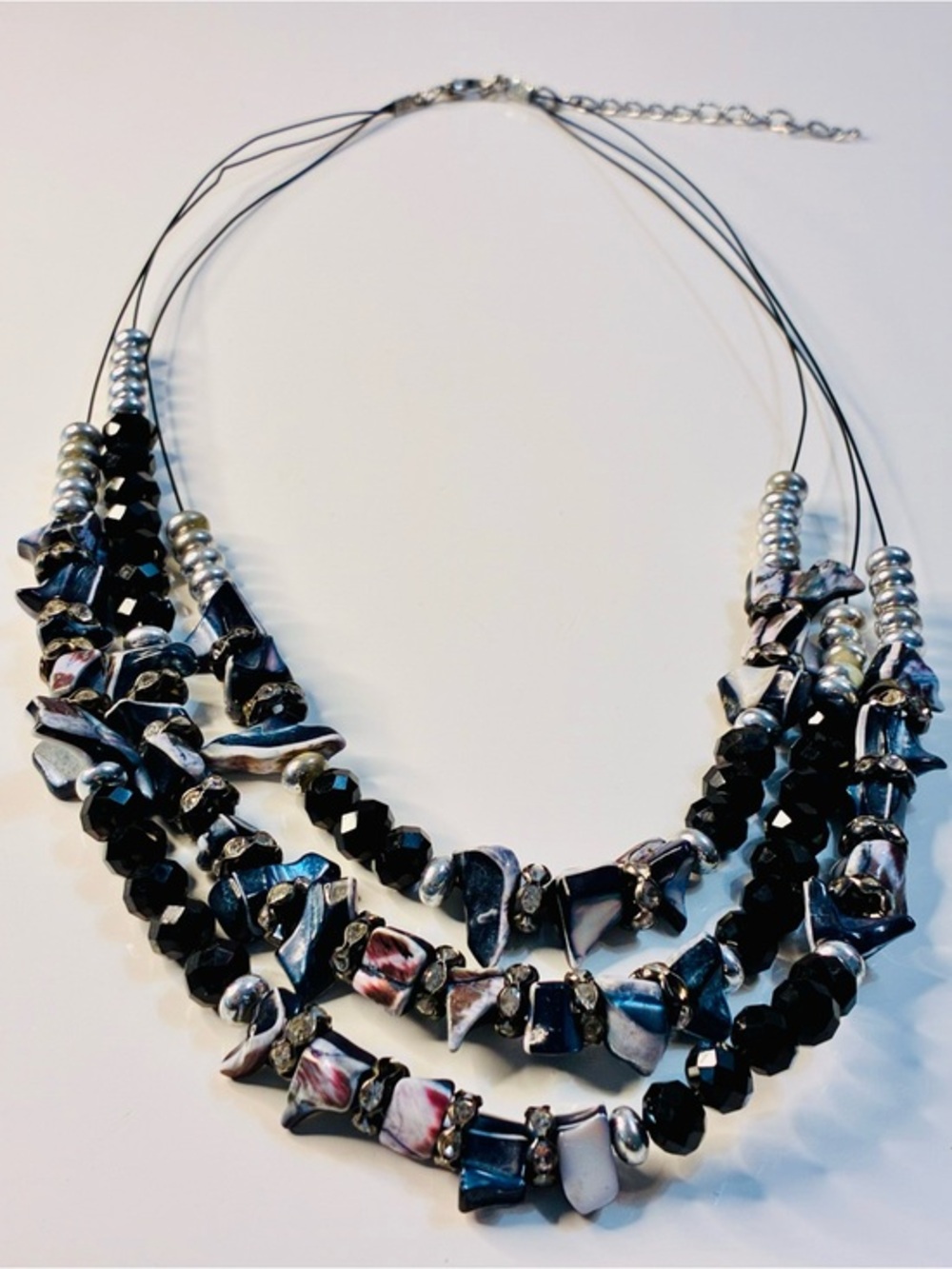 Multi-Strand Mother Of Pearl Chunky BLK & Iridescent Beaded Statement Necklace